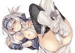  ainu_clothes ass bandages black_legwear blue_eyes blue_gloves blue_jacket blush breasts breasts_outside cropped_jacket dress fingerless_gloves folded_ponytail gloves grin hair_between_eyes headband jacket kamoi_(kantai_collection) kantai_collection kurokoeda legs_up long_hair looking_at_viewer lying medium_breasts nipples on_back panties pantyshot pantyshot_(lying) simple_background sleeveless sleeveless_dress smile socks solo thick_eyebrows thighhighs underwear white_background white_dress white_legwear white_panties 