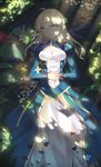  ahoge artoria_pendragon_(all) blonde_hair blue_dress bug butterfly dappled_sunlight dress fate/stay_night fate_(series) flower forest green_eyes hands_together highres insect long_hair lying mushroom nature on_back outdoors petals saber sdustz sunlight 