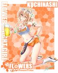  alcohol ayumu_(ayumumkrg) bare_legs beer beer_mug blonde_hair bracelet breasts cleavage copyright_name cup drinking_glass eyewear_on_head flower flower_knight_girl full_body hair_flower hair_ornament hand_on_hip holding holding_cup jewelry kneeling kuchinashi_(flower_knight_girl) large_breasts looking_at_viewer midriff mosaic_background navel one_eye_closed orange_(color) orange_background orange_shorts red_eyes roller_skates short_hair short_shorts shorts sidelocks signature skates smile solo sunglasses tank_top 