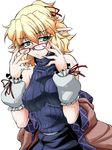  :/ alternate_costume arm_warmers bangs bare_shoulders bespectacled blonde_hair blush breasts commentary fingernails glasses green_eyes large_breasts long_fingernails looking_at_viewer mizuhashi_parsee ootsuki_wataru pointy_ears ribbed_sweater sharp_fingernails short_hair sleeveless sleeveless_turtleneck solo sweater touhou turtleneck 