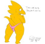  alphys anus camel_toe clothed clothing english_text eyewear female flowey_the_flower garbledina glasses looking_back panties protagonist_(undertale) puffy_anus raised_tail simple_background smile sweat text topless undertale underwear video_games white_background 