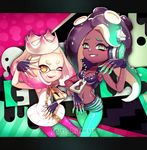  2girls :d aqua_eyes aqua_hair aqua_legwear aqua_skin black_gloves black_hair black_shirt black_shorts collarbone crop_top dark_skin domino_mask dress fingerless_gloves furrowed_eyebrows gloves gradient_hair headphones hime_(splatoon) horizontal_pupils iida_(splatoon) letterboxed mask mole mole_under_mouth multicolored multicolored_hair multicolored_skin multiple_girls n_kamui navel_piercing octarian open_mouth pantyhose pantyhose_under_shorts piercing pink_hair pink_legwear pink_pupils shirt shorts sleeveless sleeveless_dress sleeveless_shirt smile splatoon_(series) splatoon_2 symbol-shaped_pupils tentacle_hair thigh_gap twitter_username two-tone_hair unzipped white_dress white_hair yellow_eyes zipper zipper_pull_tab 