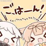  &gt;_&lt; :d bow check_translation chibi commentary_request fang hair_bow hair_flaps hair_ornament hair_ribbon hairclip kantai_collection light_brown_hair momoniku_(taretare-13) multiple_girls northern_ocean_hime open_mouth remodel_(kantai_collection) ribbon scarf shinkaisei-kan simple_background smile translation_request twitter_username watermark web_address white_hair white_skin xd yuudachi_(kantai_collection) 