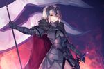  ahoge armor breasts eyebrows_visible_through_hair fate/grand_order fate_(series) flag holding holding_flag hopepe jeanne_d'arc_(alter)_(fate) jeanne_d'arc_(fate)_(all) large_breasts looking_at_viewer parted_lips short_hair smile solo sword weapon white_hair yellow_eyes 