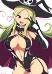  1girl blonde_hair blush breasts cape cleavage elbow_gloves garter_straps gloves hat highleg highleg_leotard large_breasts leotard long_hair looking_at_viewer mole_under_mouth one_eye_closed open_mouth ponpo red_eyes senran_kagura senran_kagura_(series) shiki_(senran_kagura) shiny shiny_clothes shiny_hair shiny_skin smile solo thighhighs thong_leotard 