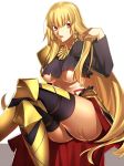  bangs black_legwear black_shirt blonde_hair breasts cape chietori crossed_legs eyebrows_visible_through_hair fate/stay_night fate_(series) faulds genderswap genderswap_(mtf) gilgamesh hand_in_hair large_breasts long_hair long_sleeves looking_at_viewer midriff open_mouth red_cape red_eyes shirt shoulder_armor simple_background sitting solo spaulders thighhighs torn_clothes torn_shirt underboob very_long_hair waist_cape white_background 