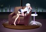  alcohol armchair barefoot blue_eyes blush bottle chair cup dongqing_zaozigao drinking_glass eyebrows_visible_through_hair highres holding holding_cup looking_at_viewer on_chair parted_lips signature smile solo table vocaloid vocanese white_hair wine wine_bottle wine_glass yanhe 