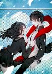  1girl black_hair black_skirt eyebrows_visible_through_hair grey_eyes kagerou_project kisaragi_shintarou long_hair long_sleeves parted_lips red_scarf scarf shina_(sbk951121) short_hair skirt smile tateyama_ayano 