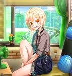  abo_(kawatasyunnnosukesabu) blonde_hair blush cactus curtains electric_fan looking_at_viewer orange_eyes original parted_lips short_hair short_sleeves sitting smile solo window 