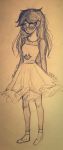  1girl absurdres alyssa_hoffee arms_behind_back artist_name character_name commentary dated dress english_commentary eyes_closed full_body glasses highres homestuck jade_harley long_hair long_sleeves photo round_eyewear sepia solo 
