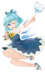  ;d bad_anatomy bare_legs blue_bow blue_dress blue_eyes blue_hair blue_wings bow cirno dress flower hair_between_eyes hair_bow highres ice ice_wings morning_glory murani one_eye_closed open_mouth sandals smile solo sunflower tan tanline tanned_cirno touhou v-shaped_eyebrows wings 