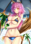 animal_ears ass_visible_through_thighs bikini blue_bikini blush breasts cleavage closed_mouth cowboy_shot eyebrows_visible_through_hair fang fate/grand_order fate_(series) fox_ears fox_tail groin highres jewelry large_breasts long_hair looking_at_viewer nail_polish navel necklace palm_tree pink_hair pinky_out red_nails side-tie_bikini smile solo swimsuit tail takecha tamamo_(fate)_(all) tamamo_no_mae_(fate) tamamo_no_mae_(swimsuit_lancer)_(fate) thigh_gap tree umbrella underboob yellow_eyes 