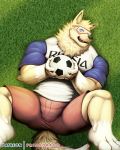  anthro ball barazoku barefoot biceps big_feet blue_eyes bulge butt canine clothed clothing english_text eyewear fangs fifa fur glasses looking_at_viewer lying male mammal manly mascot muscular on_back on_ground open_mouth pants pecs presenting presenting_hindquarters primodrago raised_leg russian sharp_teeth shirt smile soccer soccer_ball solo sport spread_legs spreading teeth text thick_thighs tongue triceps wolf world_cup zabivaka 