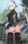  absurdres ass black_footwear black_legwear boots eyebrows_visible_through_hair from_behind green_eyes highres hopepe looking_at_viewer mole mole_under_mouth nier_(series) nier_automata no_blindfold short_hair solo sword thigh_boots thighhighs weapon white_hair yorha_no._2_type_b 