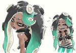  2017 5_fingers annoyed bare_shoulders beauty_mark breasts cephalopod cleavage clothed clothing dark_skin eyebrows eyelashes eyes_closed fangs female fingerless_gloves gloves green_eyes hair happy headphones humanoid jacket long_hair marina_(splatoon) marine midriff nintendo not_furry octoling octopus open_mouth simple_background solo splatoon tentacle_hair tentacles video_games ちよまる 