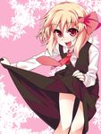  black_skirt blonde_hair collared_shirt eyebrows_visible_through_hair fangs hair_ribbon leaning_forward lifted_by_self long_sleeves looking_at_viewer necktie open_mouth red_eyes red_neckwear red_ribbon ribbon rumia shamo_(koumakantv) shirt skirt skirt_lift smile solo standing touhou vest wing_collar 
