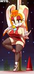  anthro big_breasts breasts brown_eyes brown_hair chao clothing duo female footwear gloves hair half-closed_eyes hi_res high_heels lagomorph legwear mammal marthedog on_one_leg pubes pussy rabbit shoes sonic_(series) standing stockings vanilla_the_rabbit 