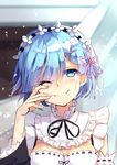  ;) blue_eyes blue_hair blush breasts cleavage closed_mouth crying eyebrows_visible_through_hair hair_ornament hopepe large_breasts looking_at_viewer maid one_eye_closed re:zero_kara_hajimeru_isekai_seikatsu rem_(re:zero) short_hair smile solo upper_body x_hair_ornament 