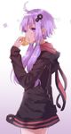  absurdres ahoge cream_puff eating eyebrows_visible_through_hair food from_side hair_ornament highres holding holding_food hood hood_down hopepe long_hair long_sleeves looking_at_viewer purple_eyes purple_hair short_hair_with_long_locks sidelocks solo vocaloid voiceroid yuzuki_yukari 