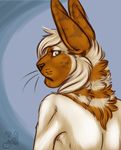  2015 ambiguous_gender anthro arm_tuft armpit_hair back_tuft blue_background blue_eyes brown_countershading brown_ears brown_fur brown_nose brown_stripes bust_portrait cat clothed clothing countershade_face countershading digital_drawing_(artwork) digital_media_(artwork) eyelashes feline fluffy freckles frown fur girly hair hair_over_eye half-closed_eyes head_tuft hybrid javanese_cat looking_at_viewer looking_back low_res lynx mammal multicolored_fur muzzle_(marking) neck_tuft portrait rear_view short_hair simple_background solo stripes topless tuft two_tone_fur vampirekitty watermark whiskers white_fur white_hair 