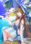  blue_bow blue_ribbon blush bow breasts brown_hair cleavage eyebrows_visible_through_hair food green_eyes hat hat_bow hat_ribbon interitio large_breasts long_hair looking_at_viewer parted_lips popsicle ribbon sid_story sitting smile solo sun_hat white_hat 
