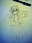  1girl absurdres alyssa_hoffee arms_up artist_name closed_mouth glasses greyscale highres homestuck jacket jade_harley long_hair long_sleeves monochrome photo sketch skirt smile solo standing 