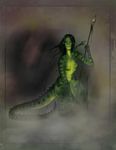  anthro breasts chimera green_scales hair hybrid invalid_color looking_at_viewer nude reptile sabbatarian scales scalie sitting snake spikes stripes zmeya_(character) 