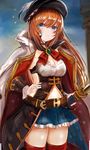  bad_id bad_twitter_id blue_eyes breasts brown_hair cape cleavage cleavage_cutout frilled_skirt frills granblue_fantasy hat highres hilt lecia_(granblue_fantasy) long_hair medium_breasts miniskirt navel red_ribbon ria_(riarea00) ribbon skirt sword thighhighs weapon 