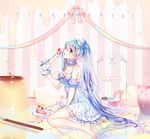  barefoot blue_eyes blue_hair blue_hat breasts cake cleavage eating eyebrows_visible_through_hair food fork gloves hat hatsune_miku holding holding_fork large_breasts long_hair looking_at_viewer mini_hat mini_top_hat parted_lips plate see-through shina_(sbk951121) sitting solo strap_gap top_hat very_long_hair vocaloid wariza white_gloves 