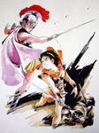  arion arion_(character) armor athena_(arion) battle cape helmet official_art sword weapon yasuhiko_yoshikazu 