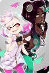  2017 5_fingers beauty_mark blush breast_size_difference breasts cephalopod cleavage clothed clothing crown dark_skin dress duo eyebrows eyelashes fangs female fingerless_gloves gloves green_eyes hair hand_on_hip hi_res humanoid inkling jacket long_hair marina_(splatoon) marine mask midriff nintendo not_furry octoling octopus open_mouth pearl_(splatoon) red_eyes short_hair splatoon squid tentacle_hair tentacles video_games きみしげ 