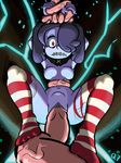  1girl armpits blue_hair blue_skin breasts detached_collar hair_over_one_eye navel nipples pussy red_eyes restrained skullgirls solo squigly_(skullgirls) stitched_mouth stitches striped_legwear tagme vaginal zombie 
