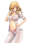  1girl absurdres bangs belt belt_buckle blonde_hair blue_eyes blush breast_pocket breasts buckle buttons cleavage collarbone cowboy_shot drill_hair drill_locks eyebrows_visible_through_hair eyelashes fingernails hair_over_one_eye hand_on_hip hand_up highres holding large_breasts legs_apart long_hair looking_at_viewer midriff mouth_hold navel no_bra open_clothes open_fly open_pants open_shirt oriana_thomason pants paper pocket shirt short_sleeves simple_background sleeves_rolled_up smile solo standing stomach to_aru_majutsu_no_index uchi_no_hime-sama_ga_ichiban_kawaii unbuckled_belt unbuttoned unbuttoned_pants underboob white_background white_pants 