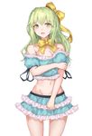  bare_shoulders blush bow breasts cleavage eyebrows_visible_through_hair green_eyes green_hair hair_bow highres jname large_breasts long_hair looking_at_viewer navel original parted_lips ribbon solo yellow_bow yellow_ribbon 