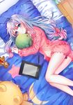  bed blue_eyes blush bow closed_mouth eromanga_sensei eyebrows_visible_through_hair hair_bow highres holding holding_stuffed_animal izumi_sagiri long_hair looking_at_viewer lying on_bed on_side pillow pink_bow shina_(sbk951121) silver_hair smile solo stuffed_animal stuffed_toy stylus tablet teddy_bear 