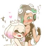  &lt;3 2017 blush breast_grab breasts cephalopod clothing crown dark_skin duo embarrassed eyes_closed female fingerless_gloves gloves green_eyes hair hand_on_breast happy headphones hug humanoid inkling jacket japanese_text long_hair low_res marina_(splatoon) marine mask nintendo not_furry octoling octopus pearl_(splatoon) short_hair splatoon squid tentacle_hair tentacles text video_games まか 