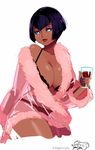  1girl black_bra black_hair black_panties blue_eyes breasts dark_skin drink eliza_(skullgirls) nail_polish skullgirls solo tagme underwear 