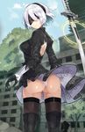  absurdres ass black_footwear black_legwear blindfold boots eyebrows_visible_through_hair facing_viewer from_behind highres hopepe mole mole_under_mouth nier_(series) nier_automata short_hair solo sword thigh_boots thighhighs weapon white_hair yorha_no._2_type_b 