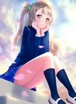  blue_skirt blush bow brown_hair closed_mouth eyebrows_visible_through_hair green_bow hair_bow highres kneehighs long_hair long_sleeves looking_at_viewer love_live! love_live!_school_idol_project minami_kotori navy_blue_legwear shoes sitting skirt smile solo uwabaki xiao_ren yellow_eyes 