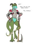  armor axe black_eyes bottomless claws clothed clothing colored dialogue digitigrade edit female guoh half-closed_eyes hindpaw horn kobold melee_weapon open_mouth paws pussy reptile scales scalie sharp_teeth smile solo teeth toe_claws tugma weapon wide_hips 