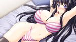  1girl armpit bed bed_sheets black_hair bra breasts large_breasts panties purple_eyes solo striped_bra striped_panties thighhighs 