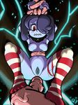  1girl anal armpits blue_hair blue_skin breasts detached_collar hair_over_one_eye navel nipples pussy red_eyes restrained skullgirls solo squigly_(skullgirls) stitched_mouth stitches striped_legwear tagme zombie 