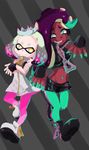  2017 beauty_mark boots cephalopod clothing crown dark_skin dress duo female fingerless_gloves footwear gloves green_eyes hair humanoid inkling jacket long_hair marina_(splatoon) marine mask nintendo not_furry octoling octopus pearl_(splatoon) pose short_hair smile splatoon squid tentacle_hair tentacles video_games yellow_eyes フクッチ 