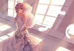  ahoge blush bouquet bridal_veil dress eyebrows_visible_through_hair feathers flower hair_flower hair_ornament highres holding holding_bouquet hopepe long_hair looking_at_viewer parted_lips purple_eyes purple_hair rose smile solo veil vocaloid voiceroid wedding_dress white_dress white_flower white_rose yuzuki_yukari 