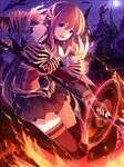  angry animal armor battle brown_hair dragon dress fire long_hair looking_at_viewer magic molten_rock moon night open_mouth original purple_eyes riki_(archf) royal_ruby_slayer spit thighhighs weapon 