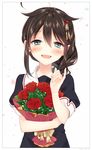  :d ahoge bangs black_hair blue_eyes blush bouquet braid dated eyebrows_visible_through_hair fingernails flower frame hair_between_eyes hair_flaps hair_ornament hairpin half-closed_eyes holding holding_bouquet jewelry kantai_collection long_hair looking_at_viewer naoto_(tulip) open_mouth pinky_out red_flower red_rose remodel_(kantai_collection) ring rose school_uniform serafuku shigure_(kantai_collection) short_sleeves simple_background single_braid smile solo upper_body wedding_band white_background 