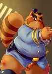  alice_detective_bureau anthro chiro_(artist) handcuffs humanoid_penis inspector_arai male mammal overweight overweight_male penis police raccoon shackles small_penis solo 