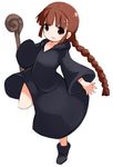  :d black_robe blush braid brown_eyes brown_hair eyebrows_visible_through_hair karukan_(monjya) kukuri long_hair looking_at_viewer mahoujin_guruguru open_mouth outstretched_arms robe shoes single_braid smile solo spread_arms staff standing standing_on_one_leg 