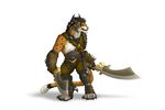  anthro armor charr claws dagos fangs feline female fighting_stance flat_chested frown fur green_eyes guild_wars hi_res horn mammal mane melee_weapon multi_ear orange_fur simple_background solo sword video_games weapon white_fur 
