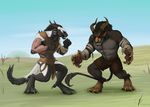 anthro black_fur blue_eyes charr claws clothing dagos duo fangs feline female fighting_stance flat_chested fluffy fluffy_tail fur grass guild_wars horn jewelry male mammal mane multi_ear necklace scar simple_background sky stripes video_games white_fur yellow_eyes 